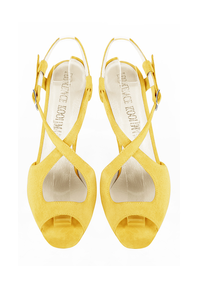 Women's yellow elegant cross straps sandals. Round toe. High slim heel - Top view